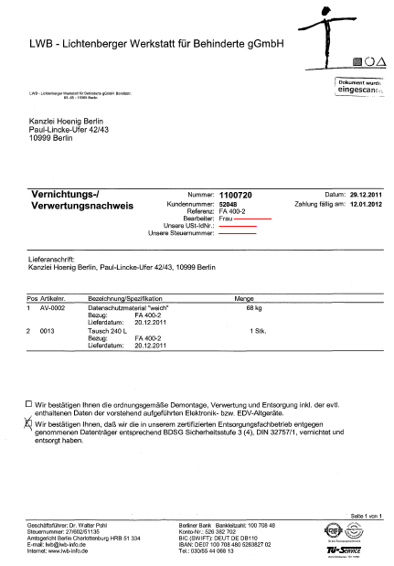 Vernichtungsnachweis der Lichtenberger Werkstatt für Behinderte gGmbH