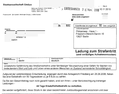 Ladung zum Haftantritt